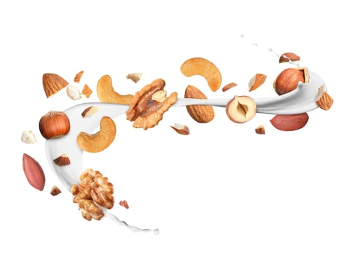 Preview: Milk splash with different nuts in air on white background