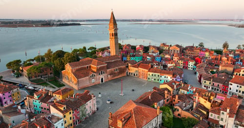 Preview: Aerial view of Burano Island, colorful houses, Church and Campanile, Italy