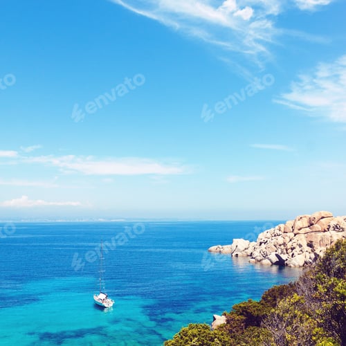 Preview: Sea view with lonely yacht in Sardinia