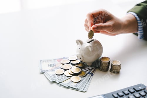 Preview: Close-up of a young woman putting coins in a piggy bank to save money. Money saving ideas, planning,