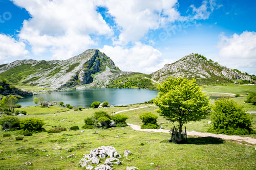 Preview: the enol lake in the picos de europa in spain with blue sky