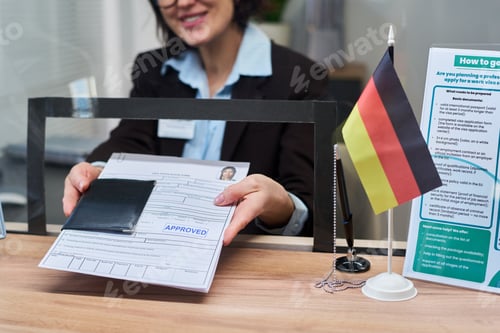 Preview: Woman Processing Visa Application and Handing Approved Documents