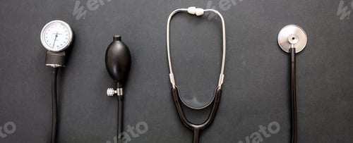Preview: Medical stethoscope and sphygmomanometer on black background, top view.