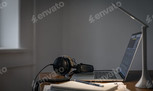 Preview: Workplace with headphones and laptop in the evening, copy space.
