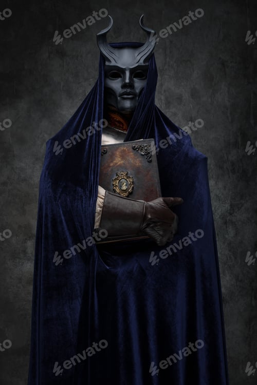 Preview: Antique dark cultist of mystic brotherhood with book