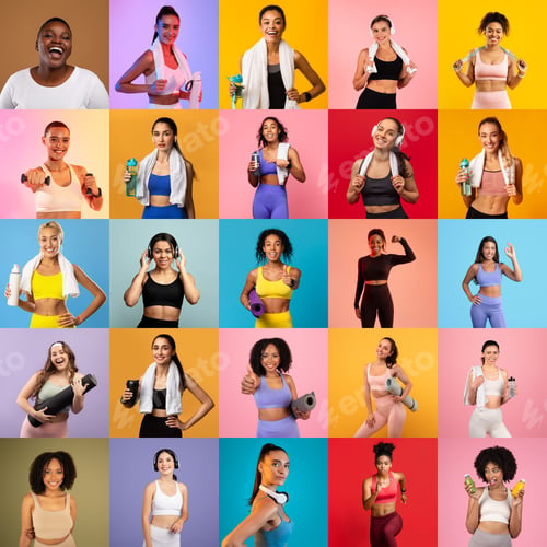 Preview: Women showcasing fitness and wellness in vibrant, colorful backgrounds