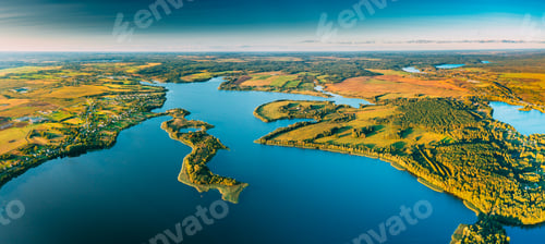 Preview: Aerial View Of Nedrava Lake And Green Forest Landscape In Sunny Autumn Morning. Top View Of