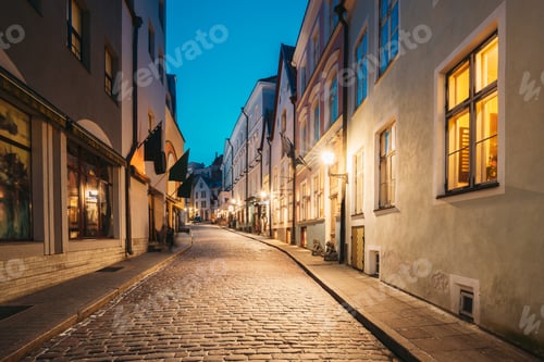 Preview: Tallinn, Estonia. View Of Old Architecture On Dunkri Street In Evening Night Illuminations