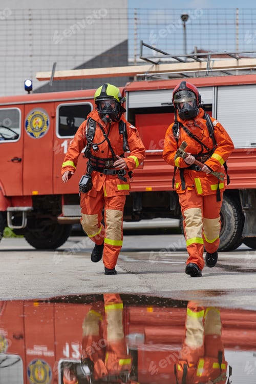 Preview: A team of confident and accomplished firefighters strides purposefully in their uniforms, exuding