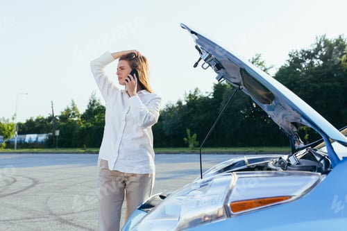 Preview: An annoyed and angry woman, near a broken car, tries to call an insurance agent and a repair crew