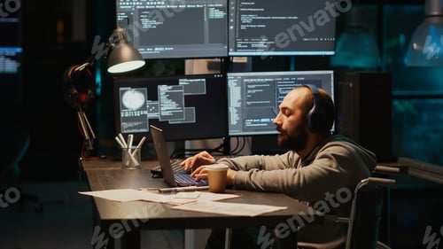 Preview: IT web developer writing source code in office