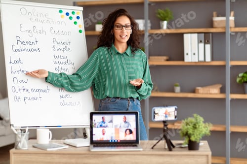 Preview: Teacher pointing on board, giving virtual lecture to students