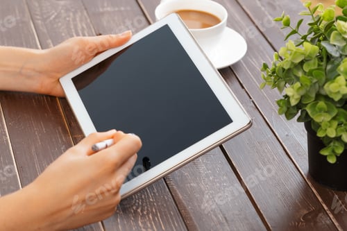 Preview: woman holding digital tablet, closeup