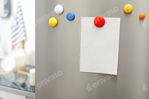 Preview: Empty sheet of paper with colorful magnets on refrigerator door in kitchen. Space for text