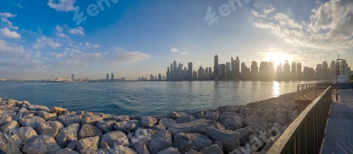 Preview: Panoramic view of Business Bay district with reflection in sea in morning. Aerial sky at highest