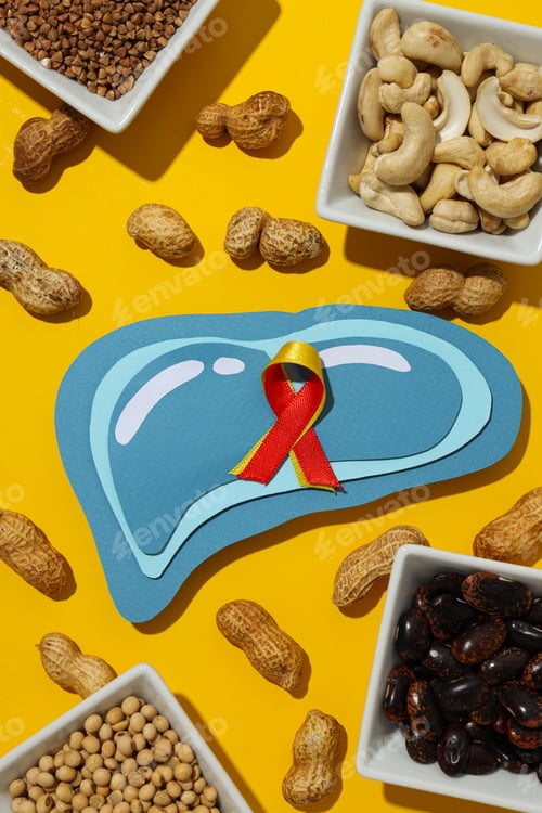 Preview: Paper mockup of liver, nuts and beans on yellow background, top view