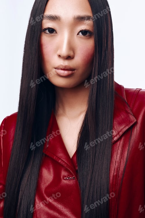 Preview: Young Asian woman with long black hair in red leather jacket posing confidently for the camera on