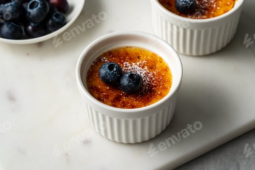 Preview: Creme brulee in little ramekin. Close up french vanilla cream dessert. Crema catalana