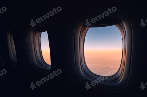 Preview: Windows of airplane during flight at sunrise