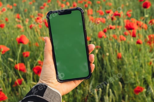 Preview: Female hand holding mobile phone with chroma key, green screen. Red poppy flowers in a wild field
