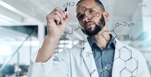 Preview: Science, research and formula with a man engineer working and writing on glass in a laboratory. Inn