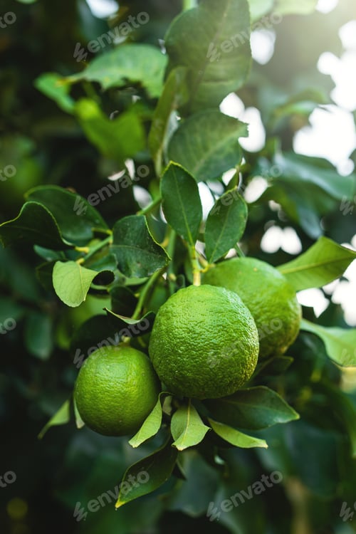 Preview: Ripe green lemons on the small evergreen tree