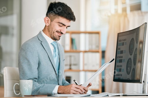 Preview: Writing, planning and business man on computer screen, documents and marketing schedule, infographi