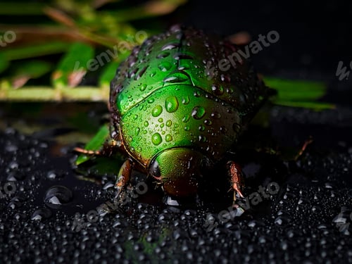 Preview: Closeup wet green beetle bug with reflection on a black background