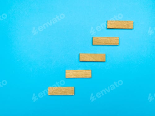 Preview: Successful idea concept, wooden stairs up on blue background