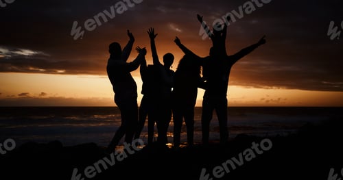 Preview: Freedom, sunset and silhouette of people at the beach while on a summer vacation, adventure or week