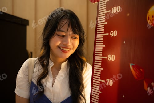 Preview: Portrait of an Asian woman with height measurements to pay for child tickets to watch movies