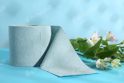 Preview: Light blue toilet paper roll and beautiful flowers on color background, closeup