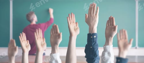 Preview: the students at school with raised handsб classroom learning together