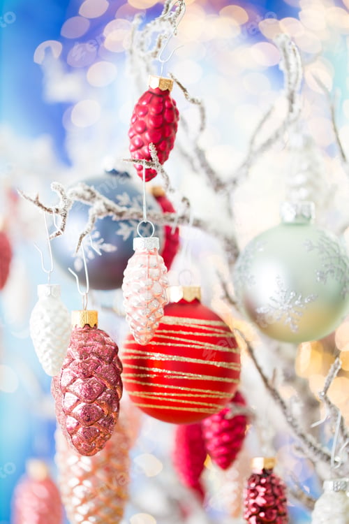 Preview: Christmas greeting card. Pine decoration on bokeh background. New Year concept. Copy space.