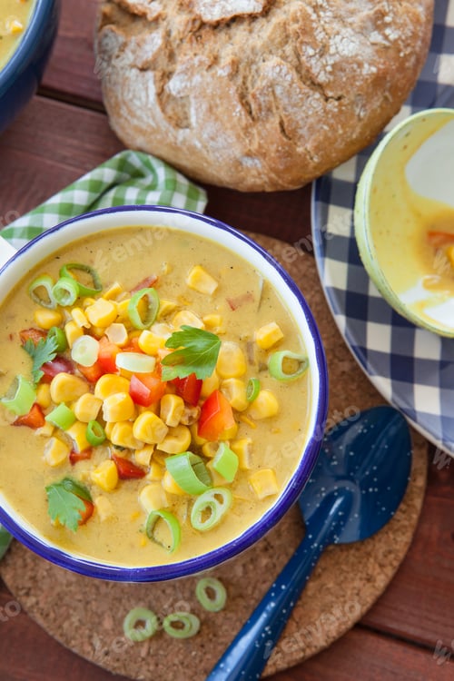 Preview: Hearty Corn Soup with Sourdough Bread and Greens