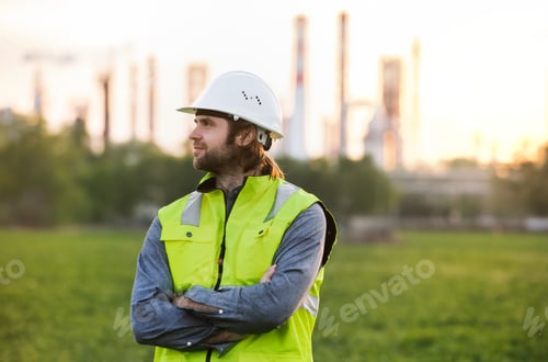 Preview: Young engineer standing outdoors by oil refinery, arms crossed