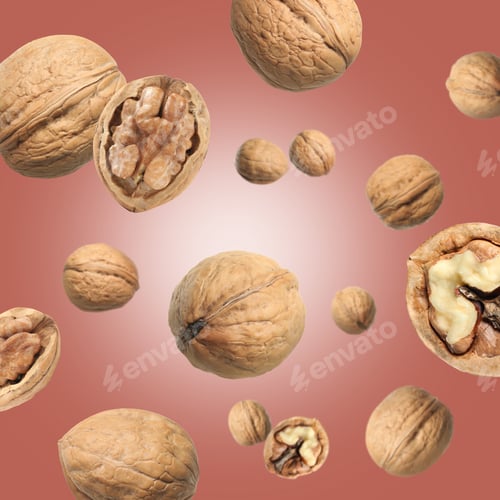 Preview: Walnuts in shell swirling in air against color background