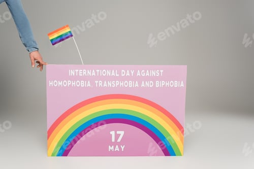 Preview: Cropped view of gay man near placard with International Day Against Homophobia, Transphobia and