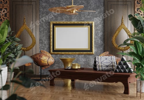Preview: 3D illustration Mockup photo frame in lounge rendering