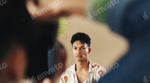 Preview: Photography, fashion and camera with model in studio for magazine production, backstage and wardrob