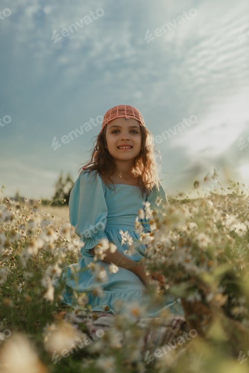 Preview: Girl in blue linen dress and fashionable pink crochet beanie sits in daisy field in summer day