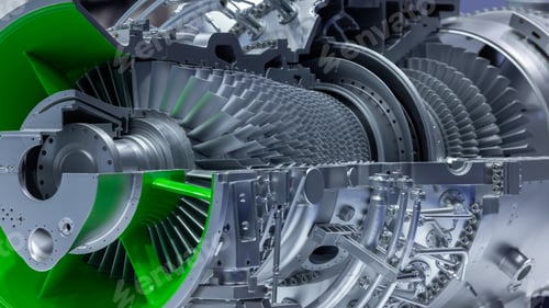 Preview: Gas turbine engine with turbine blades, Industrial gas turbine engine, Steel blades.