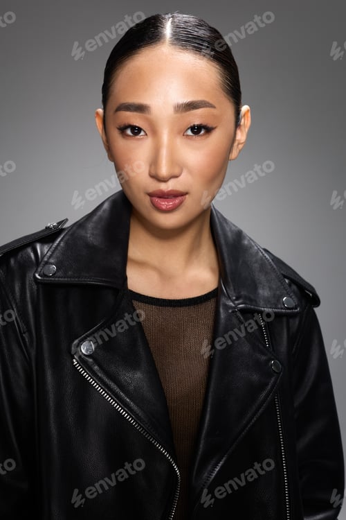 Preview: Asian woman, black leather jacket, studio portrait, gray background a stylish asian woman poses