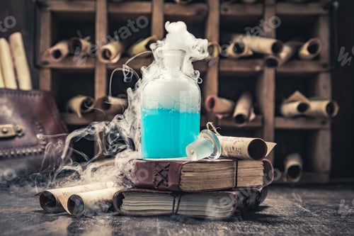 Preview: Vintage alchemist laboratory with unique scrolls and manuscripts