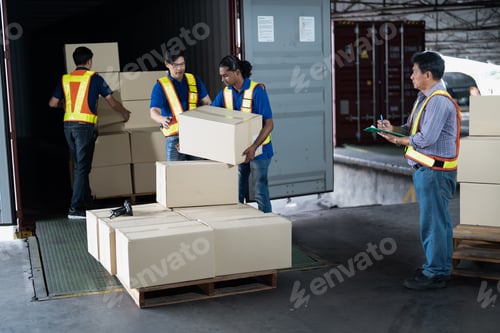 Preview: Workers open steel 40 feet container doors carry box supervisor standing check paper checklist