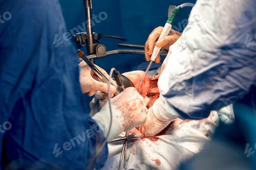 Preview: Group of surgeons in the operating room with surgical equipment. Close-up of hands holding surgical