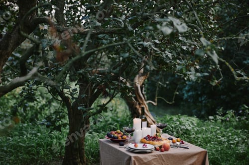 Preview: candles, red wine and pie on table in garden