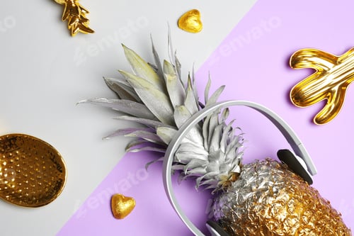 Preview: Flat lay composition with pineapple and headphones on color background