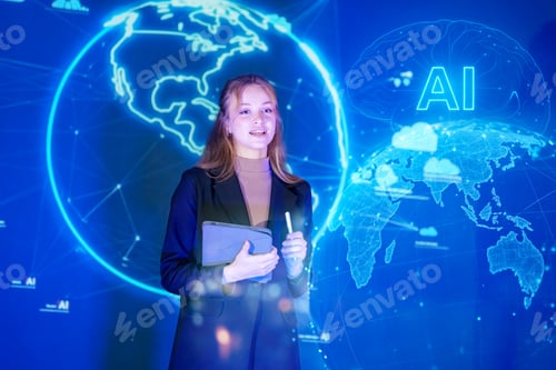 Preview: Woman presents information about artificial intelligence at a conference in a modern setting