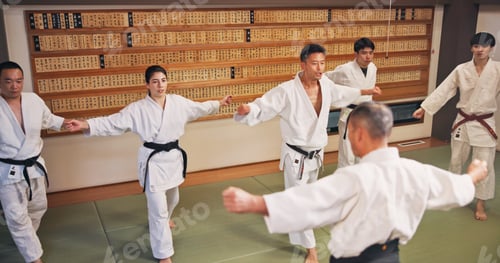 Preview: Martial arts, master and Japanese people with learning, exercise and karate etiquette in dojo. Japa